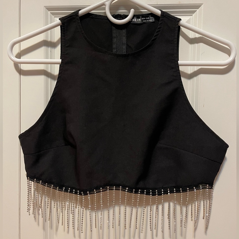 Silver fringe high-neck crop top